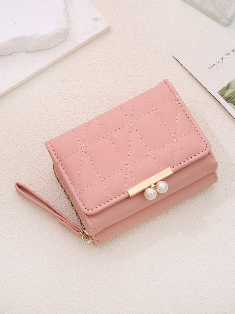 Women's Rhombus Pattern Wallet Faux Pearl Decor Short Folding 2 In 1 Card Holder Coin Purse Valentines Gift Mini Cute Small Wallet