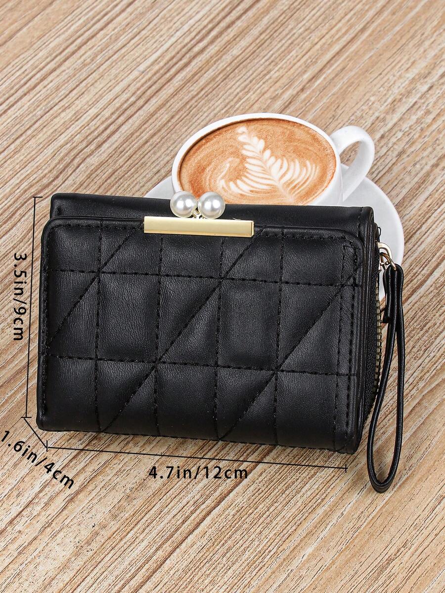Women's Rhombus Pattern Wallet Faux Pearl Decor Short Folding 2 In 1 Card Holder Coin Purse Valentines Gift Mini Cute Small Wallet