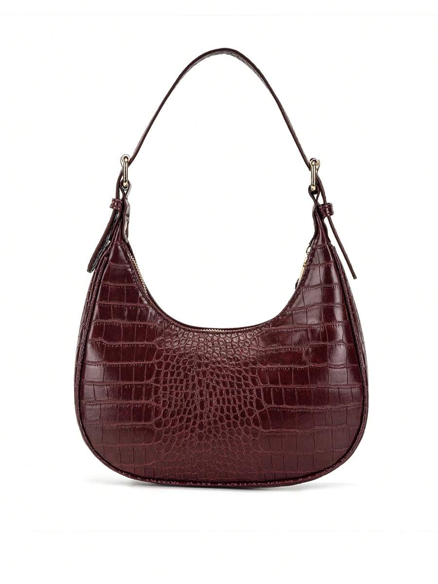 Women's Wine Red Crocodile Embossed PU Leather Crescent Handbag Shoulder Bag Elegant Versatile Daily Use Holiday Gift Purse