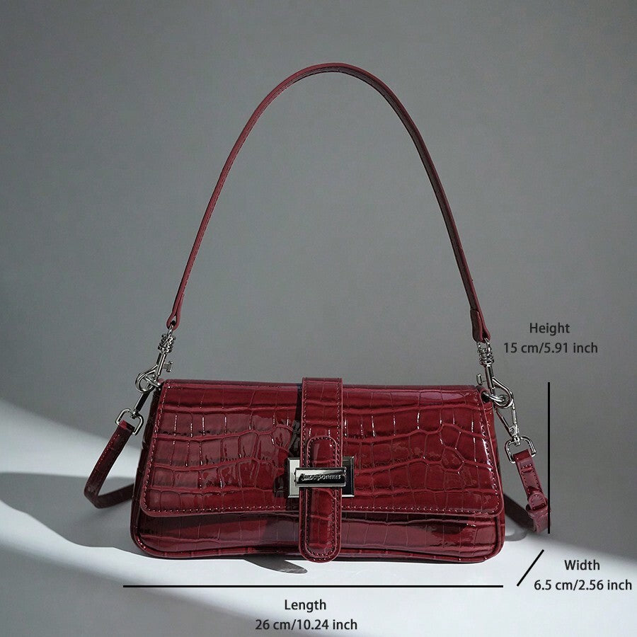 Women's Premium Burgundy Crocodile Tote Bag 2025 Vintage Leather Silver Buckle Crossbody Strap Essential Commuting Fashion Purse