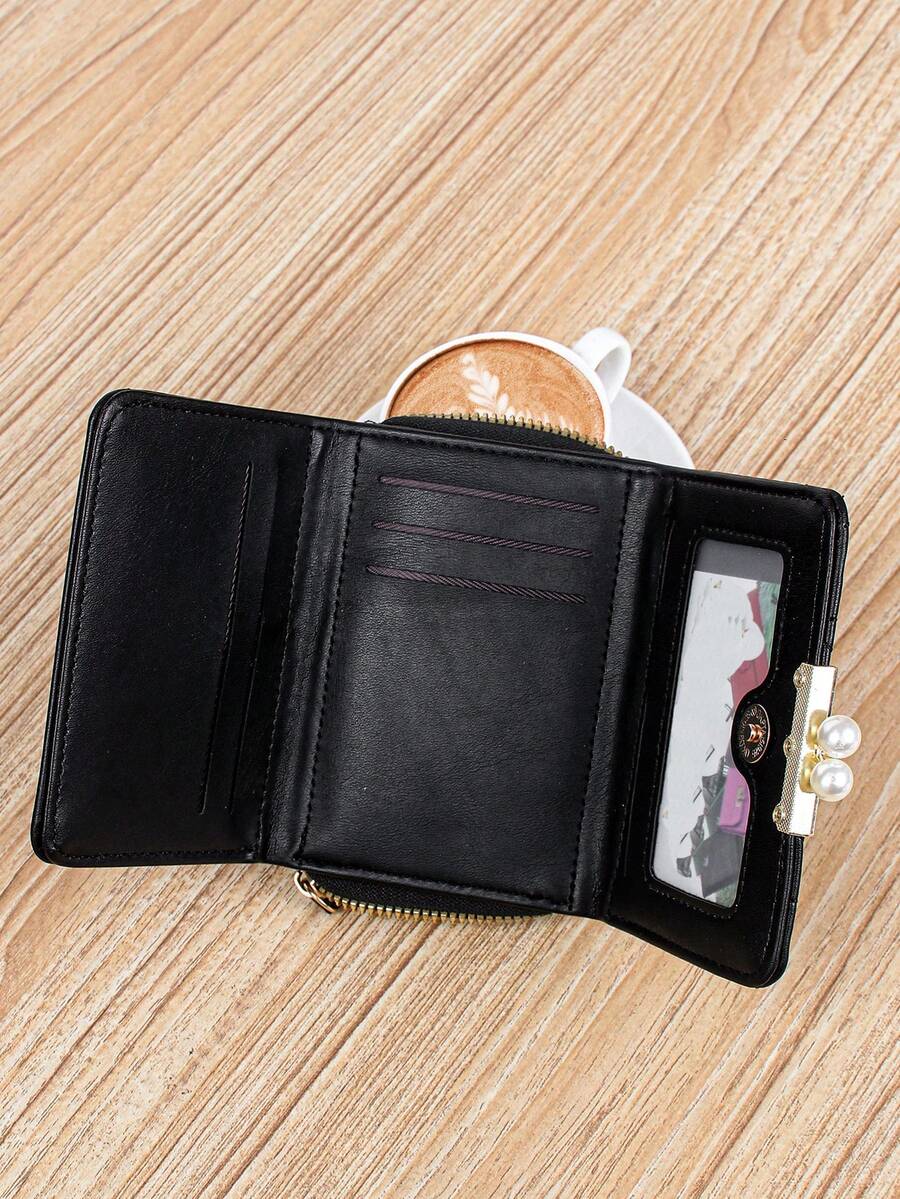 Women's Rhombus Pattern Wallet Faux Pearl Decor Short Folding 2 In 1 Card Holder Coin Purse Valentines Gift Mini Cute Small Wallet