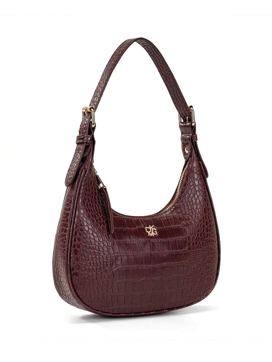 Women's Wine Red Crocodile Embossed PU Leather Crescent Handbag Shoulder Bag Elegant Versatile Daily Use Holiday Gift Purse