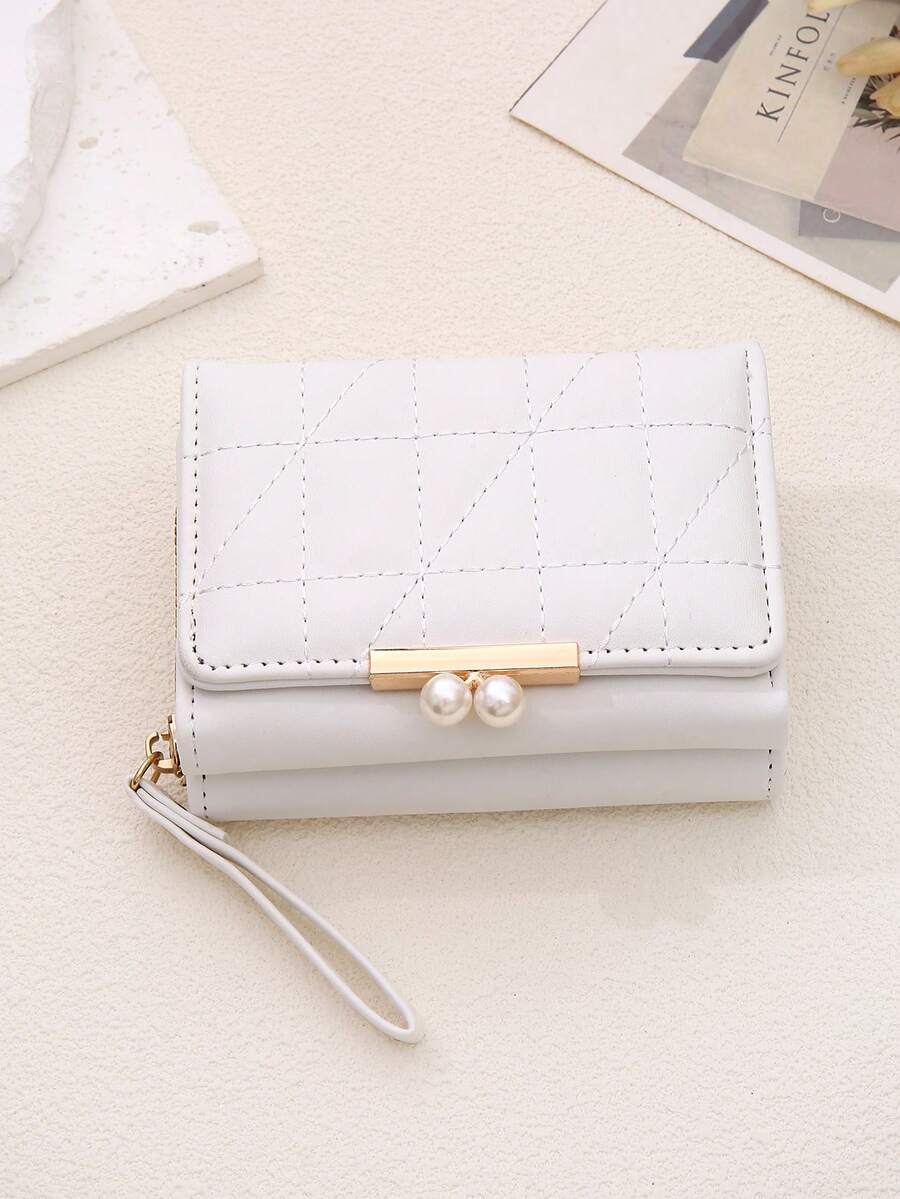 Women's Rhombus Pattern Wallet Faux Pearl Decor Short Folding 2 In 1 Card Holder Coin Purse Valentines Gift Mini Cute Small Wallet