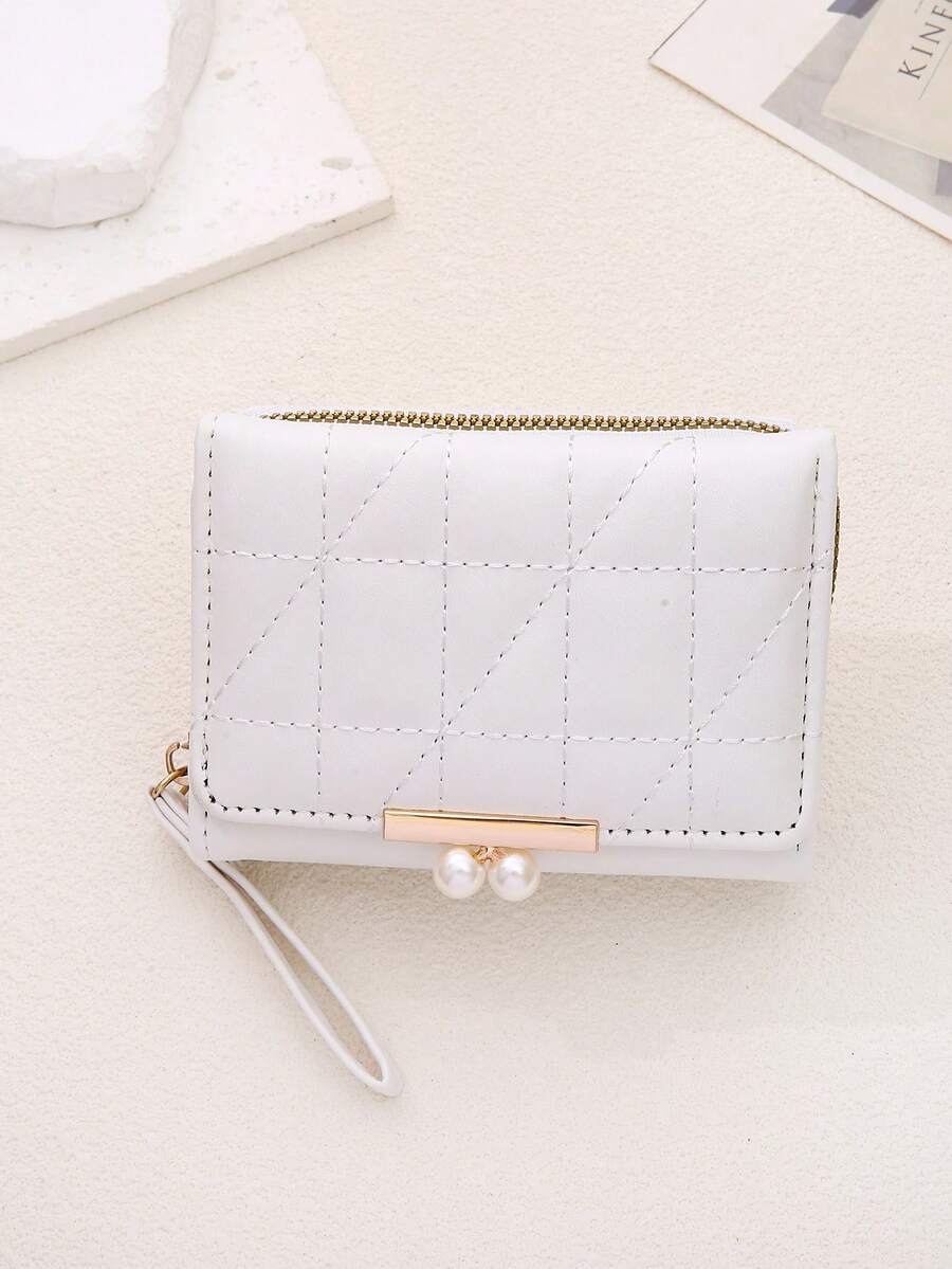 Women's Rhombus Pattern Wallet Faux Pearl Decor Short Folding 2 In 1 Card Holder Coin Purse Valentines Gift Mini Cute Small Wallet