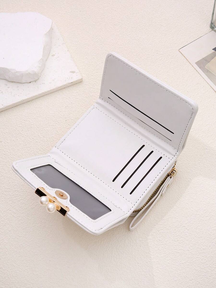 Women's Rhombus Pattern Wallet Faux Pearl Decor Short Folding 2 In 1 Card Holder Coin Purse Valentines Gift Mini Cute Small Wallet