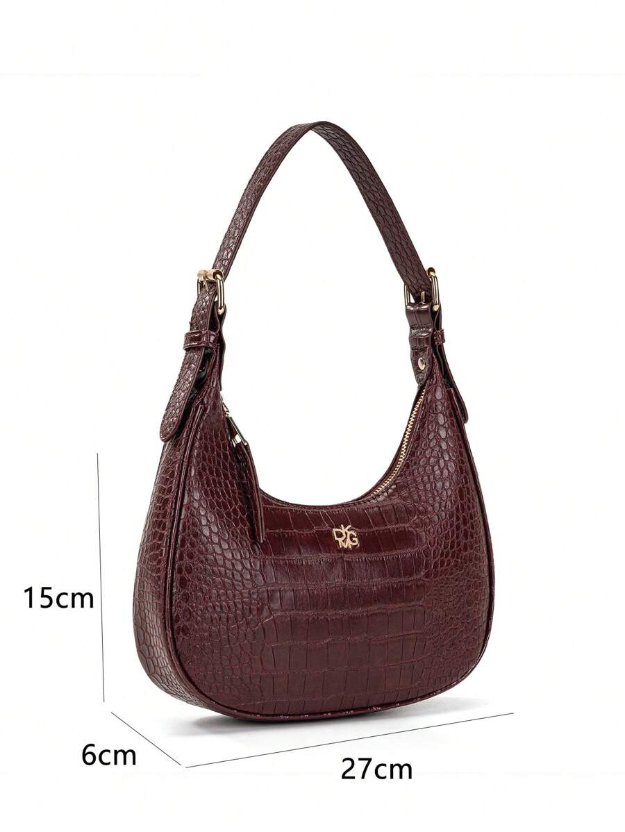 Women's Wine Red Crocodile Embossed PU Leather Crescent Handbag Shoulder Bag Elegant Versatile Daily Use Holiday Gift Purse