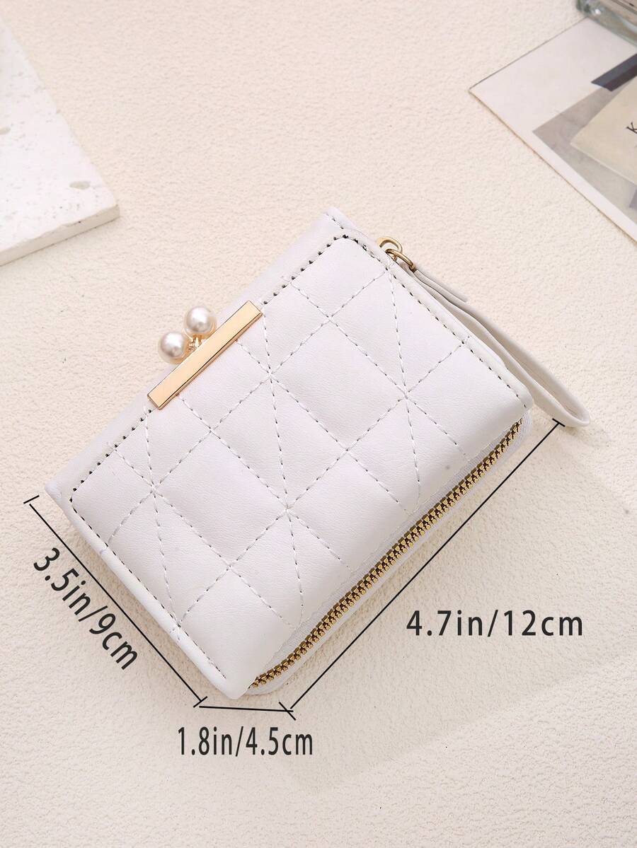 Women's Rhombus Pattern Wallet Faux Pearl Decor Short Folding 2 In 1 Card Holder Coin Purse Valentines Gift Mini Cute Small Wallet