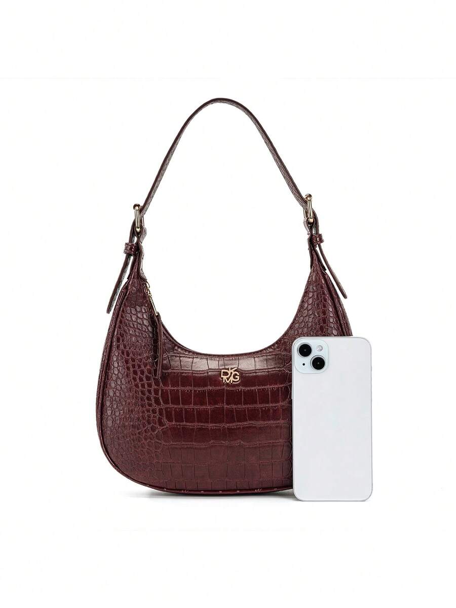 Women's Wine Red Crocodile Embossed PU Leather Crescent Handbag Shoulder Bag Elegant Versatile Daily Use Holiday Gift Purse