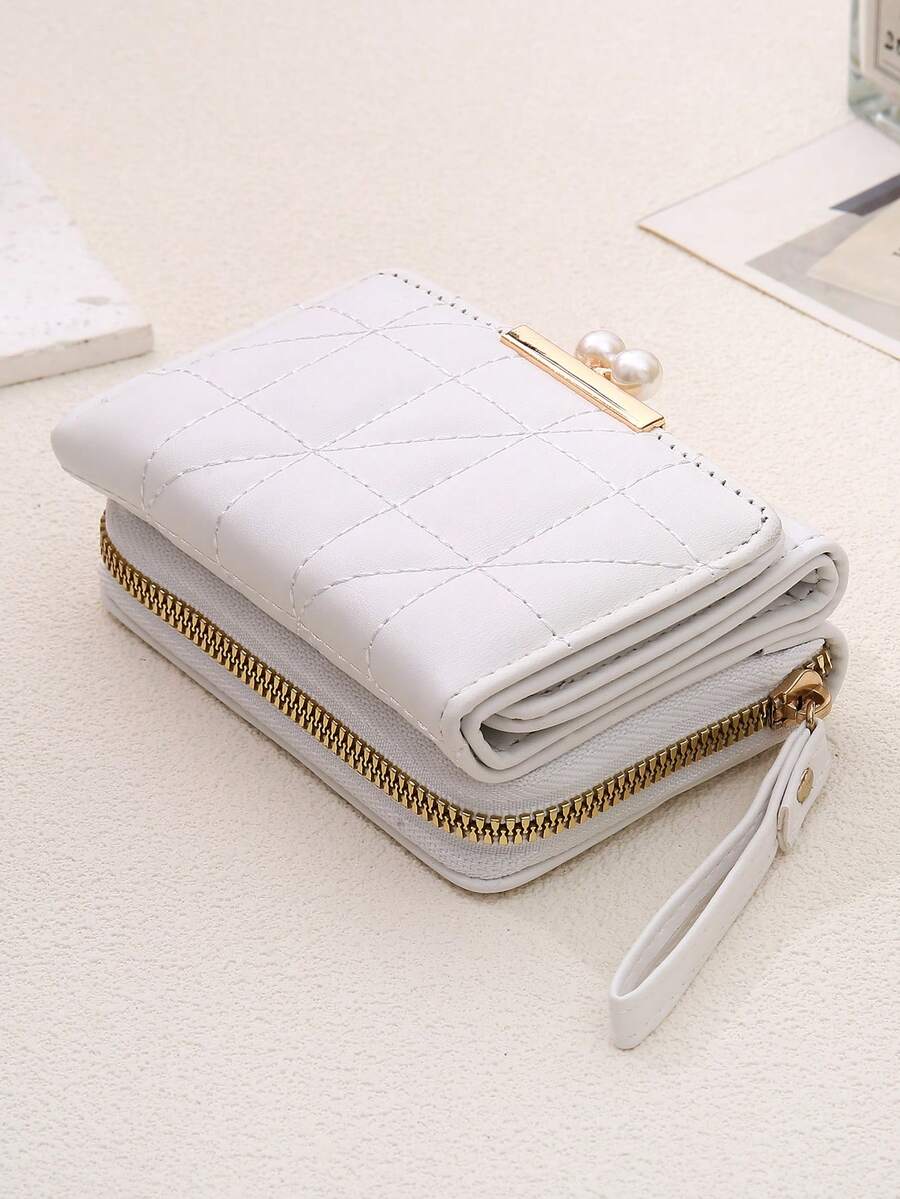 Women's Rhombus Pattern Wallet Faux Pearl Decor Short Folding 2 In 1 Card Holder Coin Purse Valentines Gift Mini Cute Small Wallet