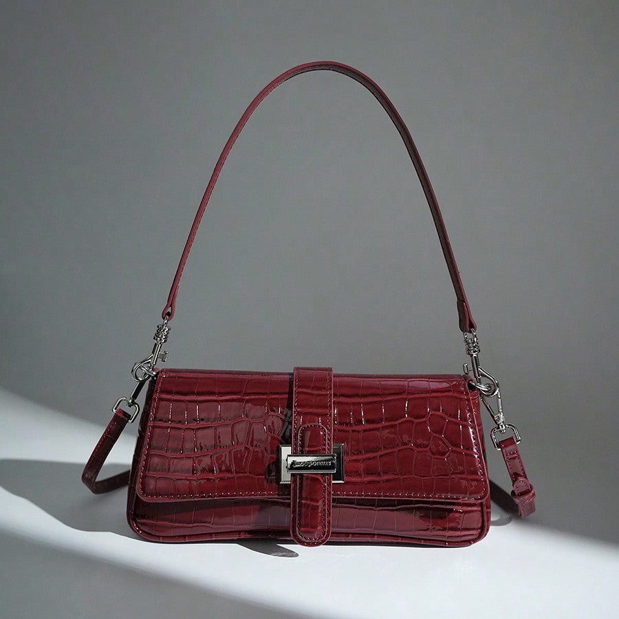 Women's Premium Burgundy Crocodile Tote Bag 2025 Vintage Leather Silver Buckle Crossbody Strap Essential Commuting Fashion Purse