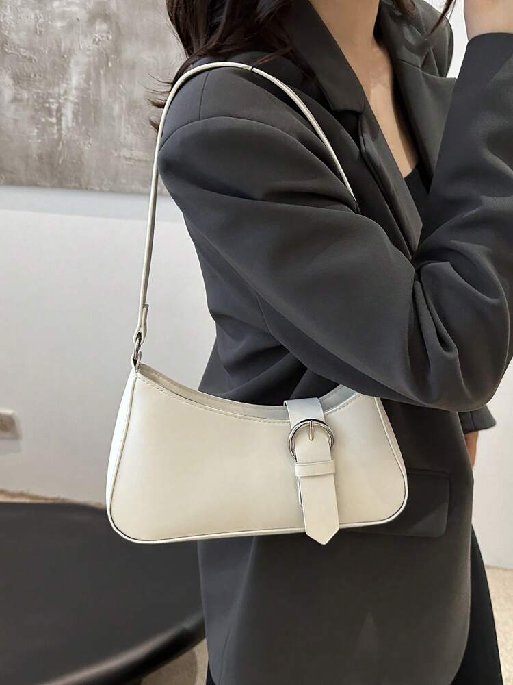 Women's Solid Color Shoulder Bag With Belt Decoration Minimalist Crossbody Casual Office School College Travel Shopping Purse