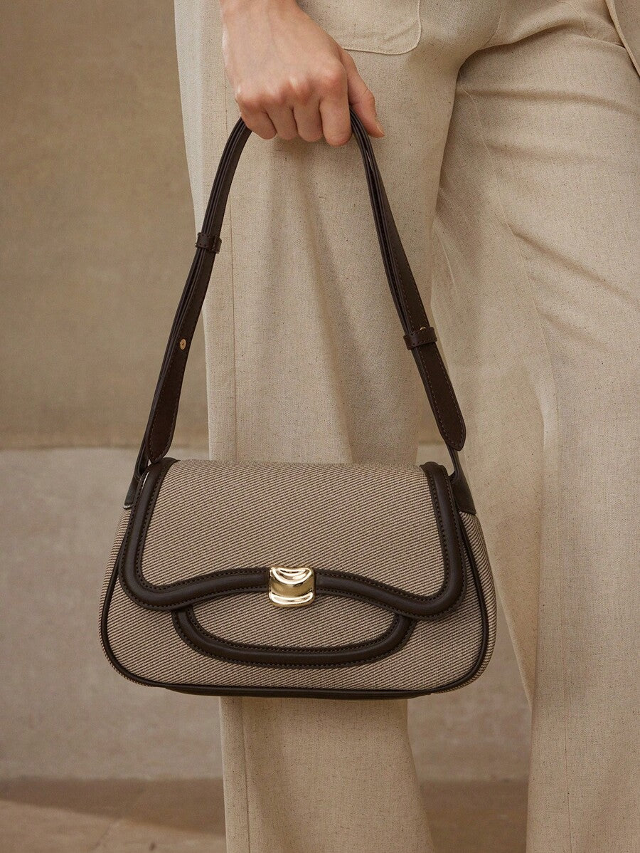 Women's Premium Color Block Trim Shoulder Bag MOTF Elegant Commuting Fashionable Daily Casual Work Crossbody Tote Handbag