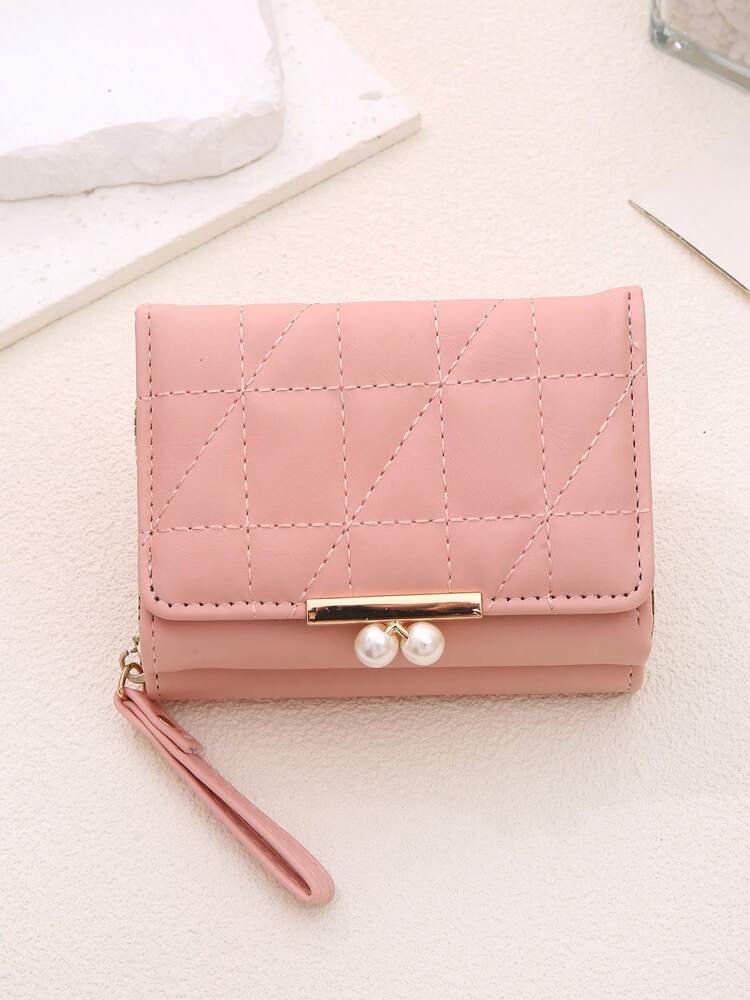 Women's Rhombus Pattern Wallet Faux Pearl Decor Short Folding 2 In 1 Card Holder Coin Purse Valentines Gift Mini Cute Small Wallet