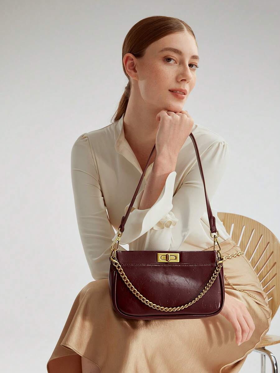Women's Premium Chain Decorated Turn-Lock Shoulder Bag Elegant Commuting Valentines Fashion Handbag Office Daily Casual