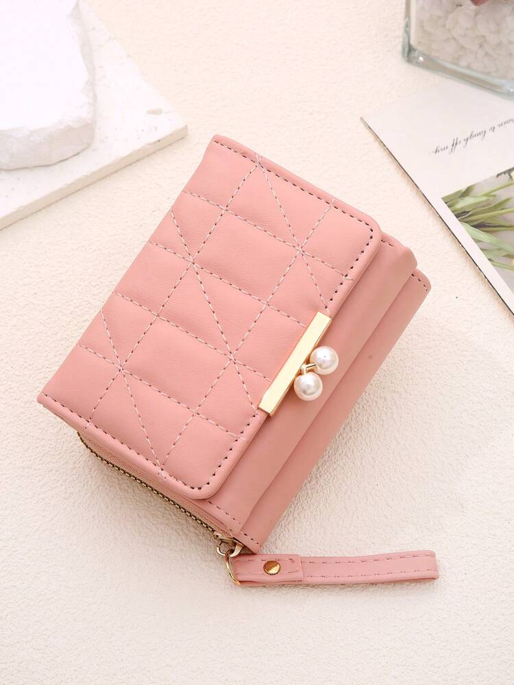 Women's Rhombus Pattern Wallet Faux Pearl Decor Short Folding 2 In 1 Card Holder Coin Purse Valentines Gift Mini Cute Small Wallet