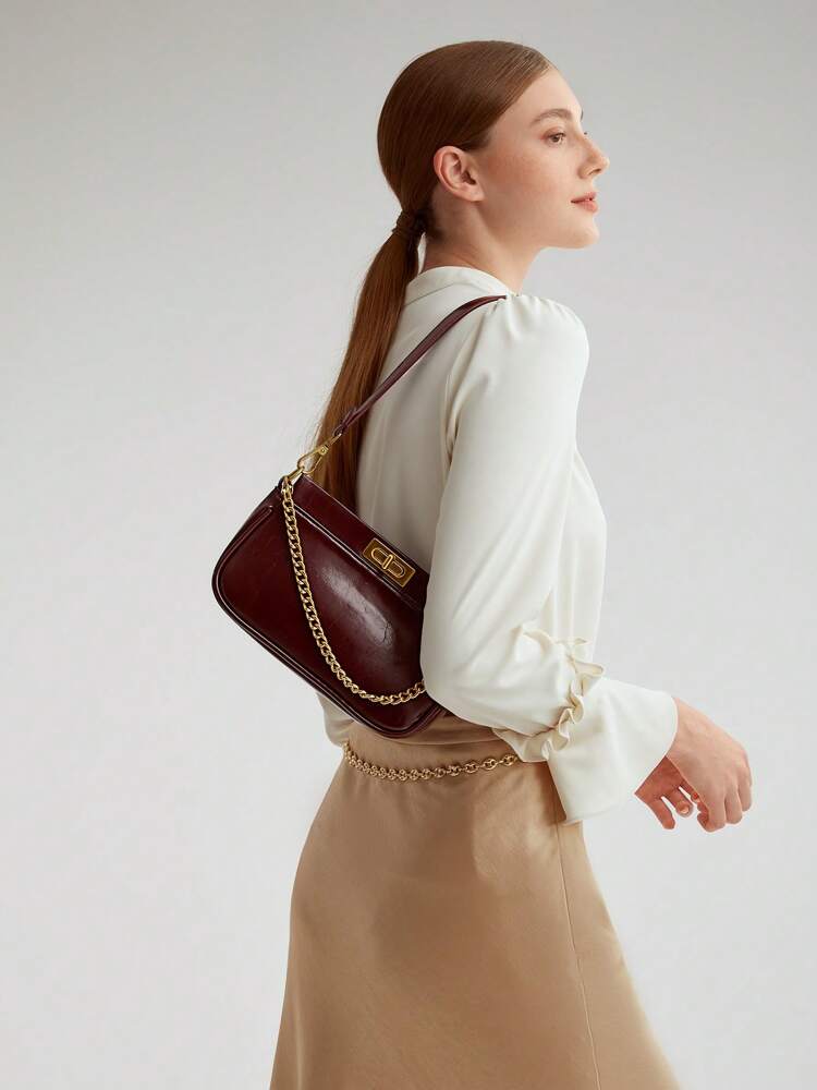 Women's Premium Chain Decorated Turn-Lock Shoulder Bag Elegant Commuting Valentines Fashion Handbag Office Daily Casual