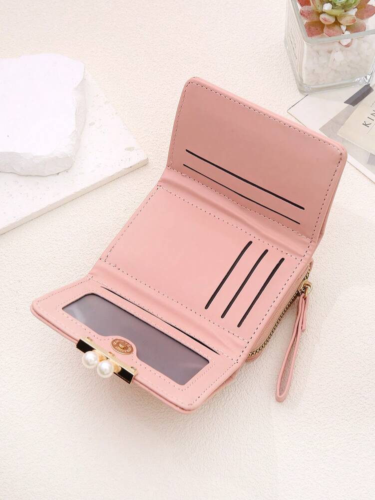 Women's Rhombus Pattern Wallet Faux Pearl Decor Short Folding 2 In 1 Card Holder Coin Purse Valentines Gift Mini Cute Small Wallet