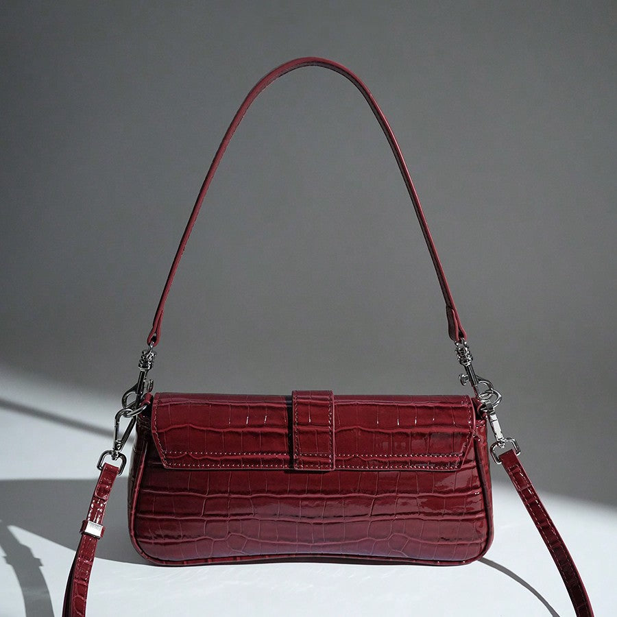 Women's Premium Burgundy Crocodile Tote Bag 2025 Vintage Leather Silver Buckle Crossbody Strap Essential Commuting Fashion Purse