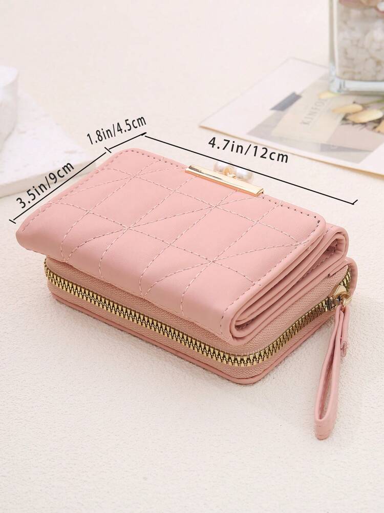 Women's Rhombus Pattern Wallet Faux Pearl Decor Short Folding 2 In 1 Card Holder Coin Purse Valentines Gift Mini Cute Small Wallet