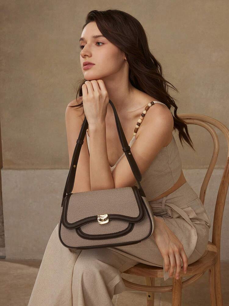 Women's Premium Color Block Trim Shoulder Bag MOTF Elegant Commuting Fashionable Daily Casual Work Crossbody Tote Handbag
