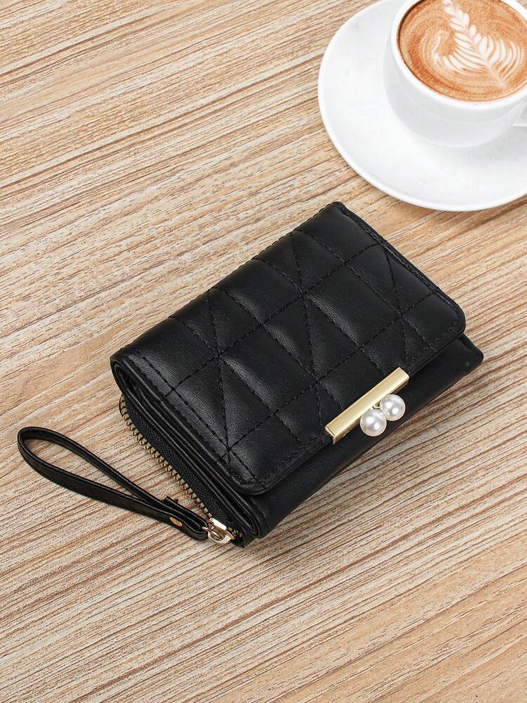 Women's Rhombus Pattern Wallet Faux Pearl Decor Short Folding 2 In 1 Card Holder Coin Purse Valentines Gift Mini Cute Small Wallet