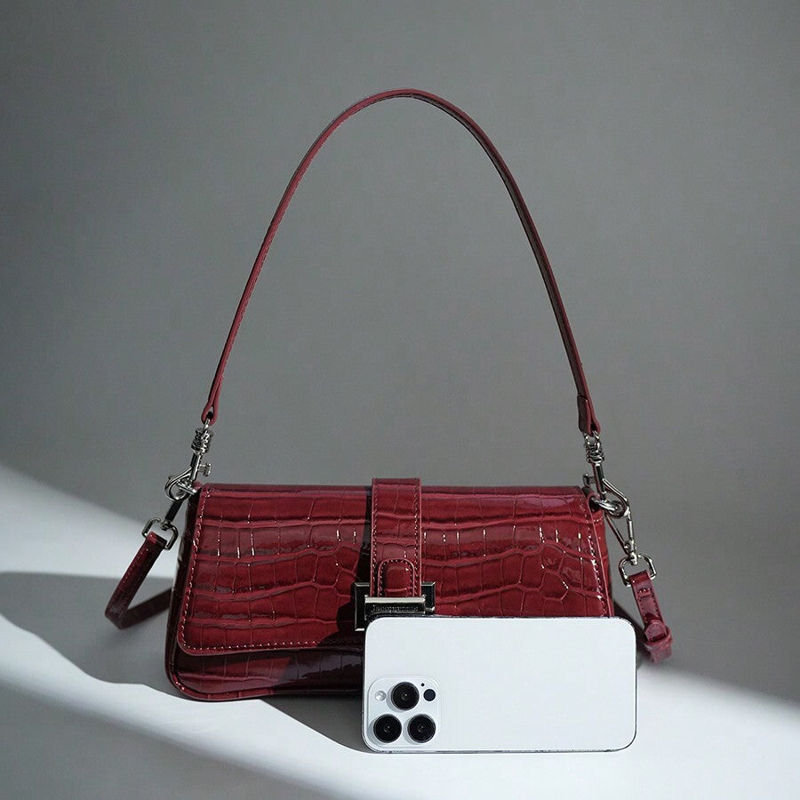 Women's Premium Burgundy Crocodile Tote Bag 2025 Vintage Leather Silver Buckle Crossbody Strap Essential Commuting Fashion Purse