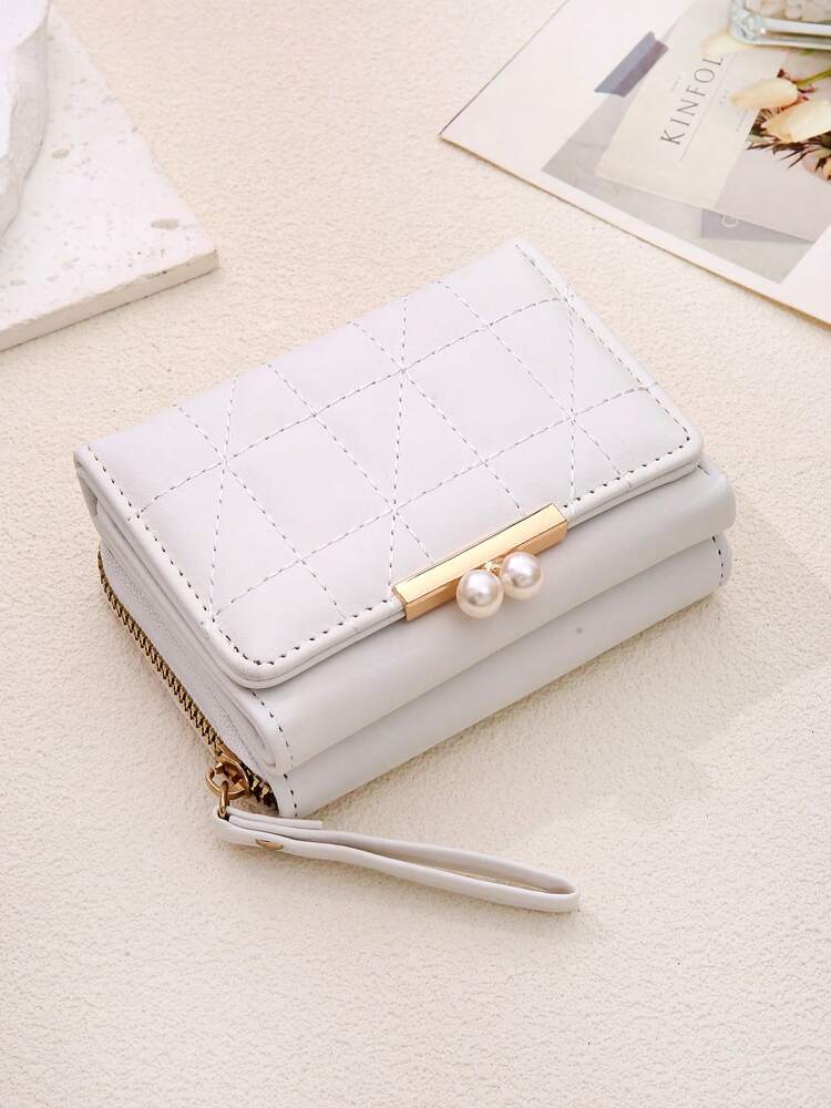 Women's Rhombus Pattern Wallet Faux Pearl Decor Short Folding 2 In 1 Card Holder Coin Purse Valentines Gift Mini Cute Small Wallet
