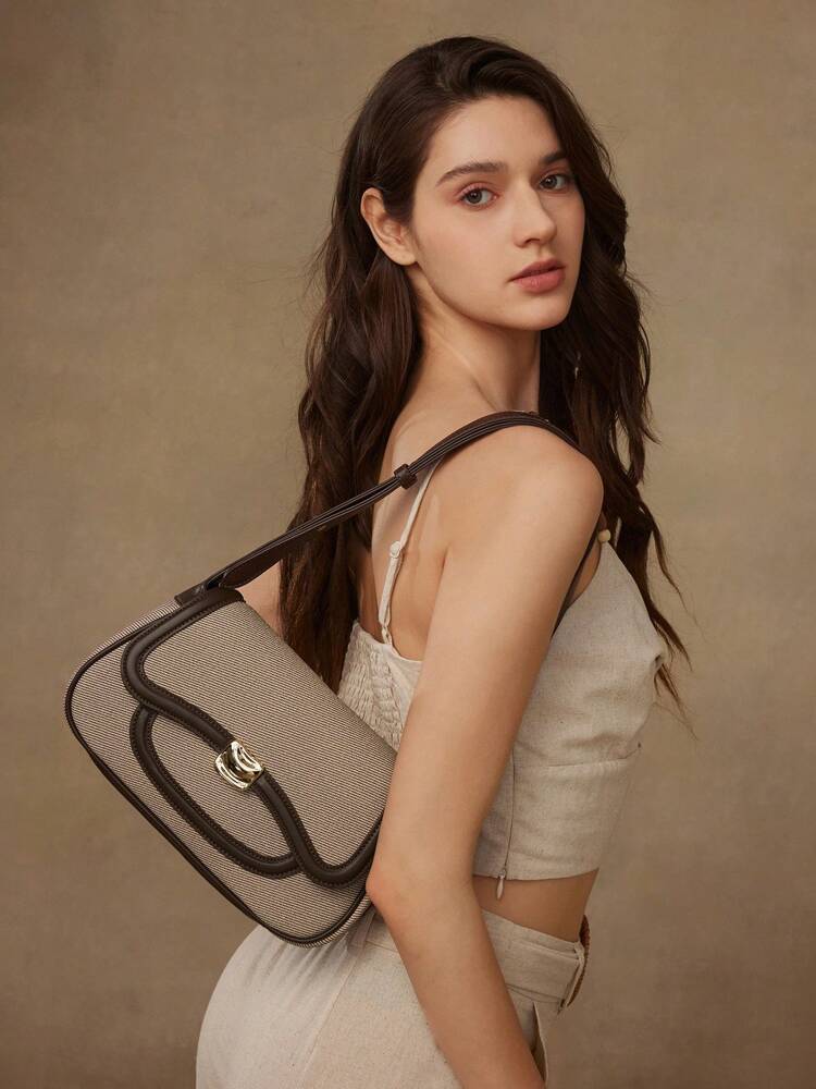 Women's Premium Color Block Trim Shoulder Bag MOTF Elegant Commuting Fashionable Daily Casual Work Crossbody Tote Handbag