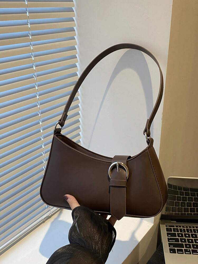 Women's Solid Color Shoulder Bag With Belt Decoration Minimalist Crossbody Casual Office School College Travel Shopping Purse