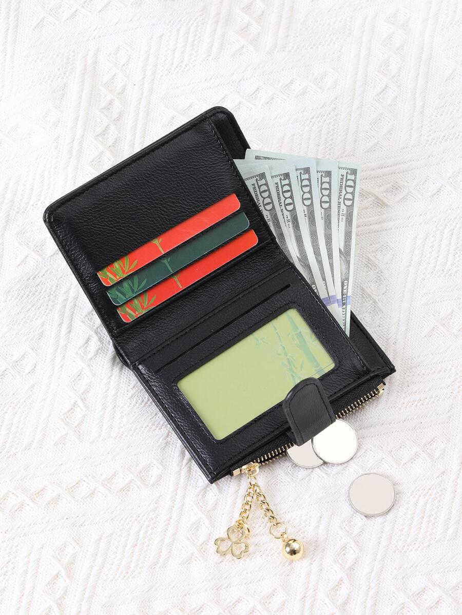 Women's Clover Ball Decor Pocket Wallet With ID Window Bi-Fold Zipper Credit Card Cash Holder Lightweight Mini Fashion Wallet