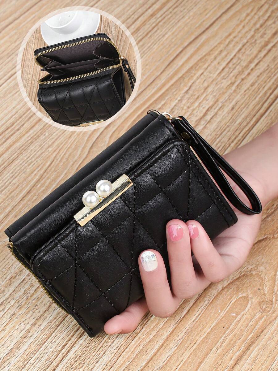 Women's Rhombus Pattern Wallet Faux Pearl Decor Short Folding 2 In 1 Card Holder Coin Purse Valentines Gift Mini Cute Small Wallet