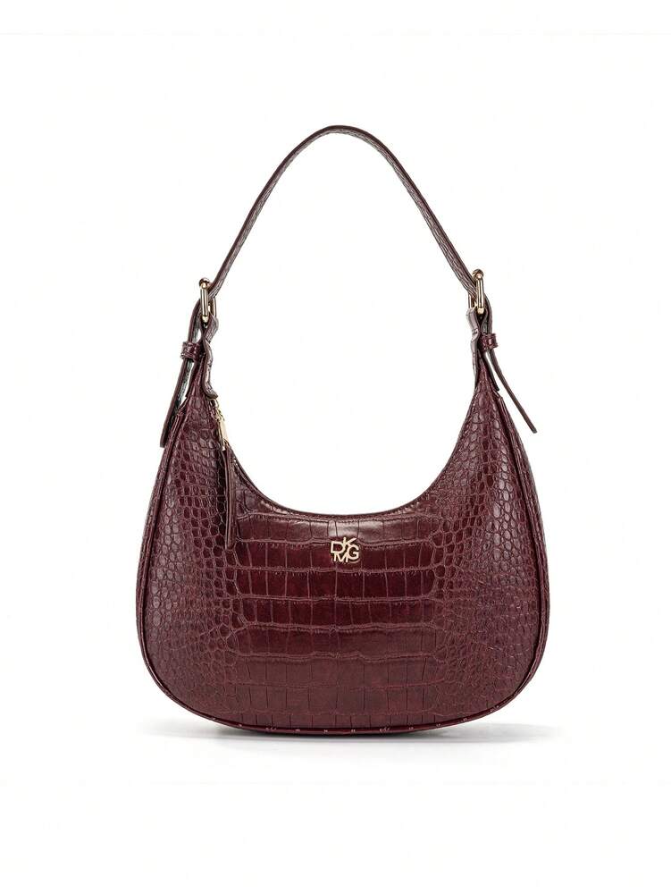 Women's Wine Red Crocodile Embossed PU Leather Crescent Handbag Shoulder Bag Elegant Versatile Daily Use Holiday Gift Purse