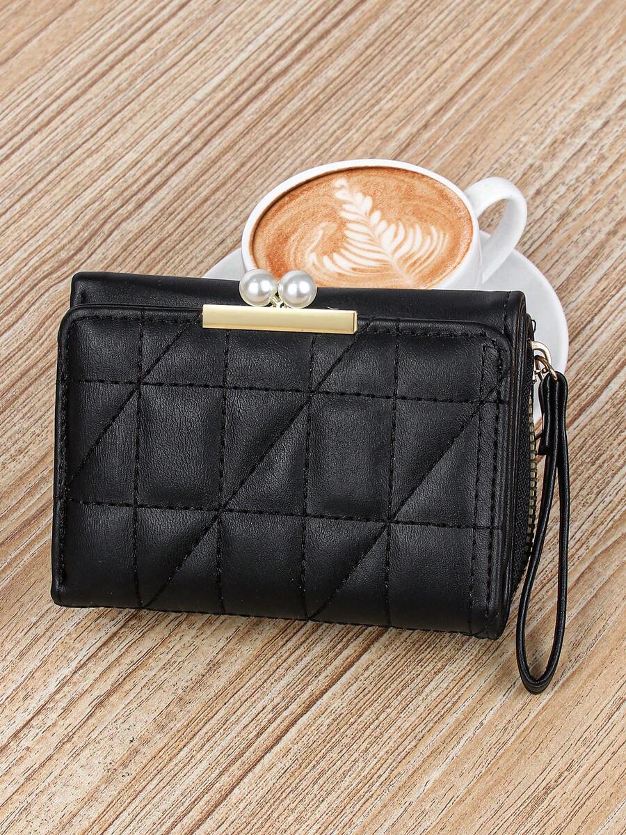 Women's Rhombus Pattern Wallet Faux Pearl Decor Short Folding 2 In 1 Card Holder Coin Purse Valentines Gift Mini Cute Small Wallet
